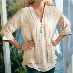 Soft Surroundings Glamour Topper SZ PL Cream Gold Sequin Lagenlook Coastal Beach